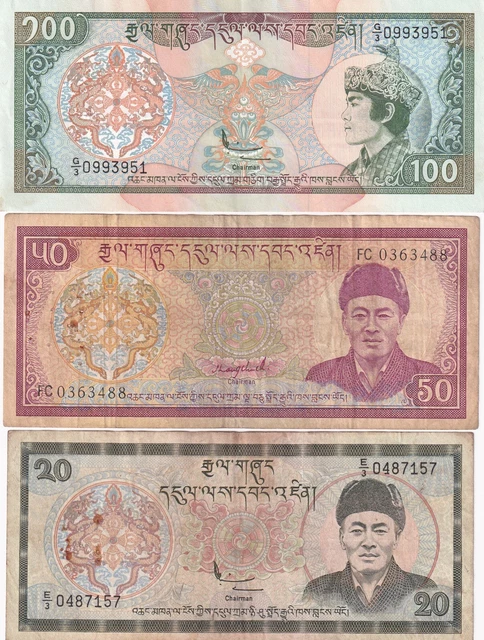 Lot 3 banknotes Bhutan Ngultrum F Pinholes