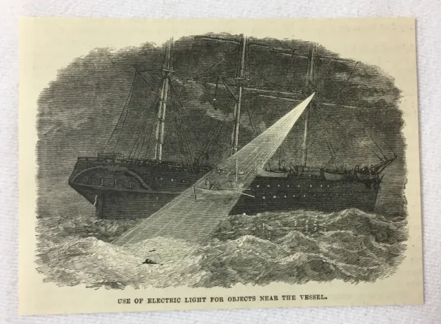 1880 magazine engraving~ USING ELECTRIC SEARCH LIGHTS ON A SHIP