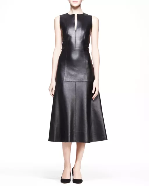 Black Women's Lamb Genuine Leather Dress Evening Cocktail Party Wear Dress 01