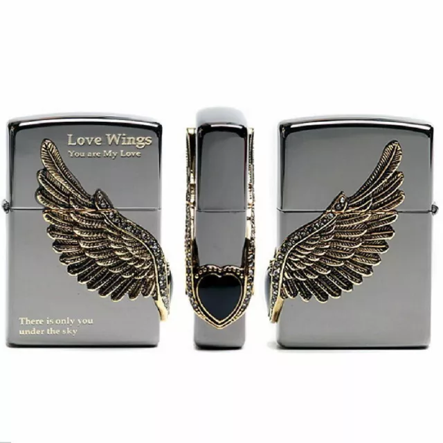 Zippo Genuine Lighter Love Wings Black Windproof Org. Packing 6 Flints set Free