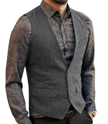 Herren Schwarz Tweed Weste Slim Fit Herringbone Wolle V-Hals Vintage Anzug S-3XL
