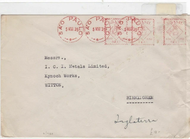 Brazil 1939  stamp cover Ref 9020