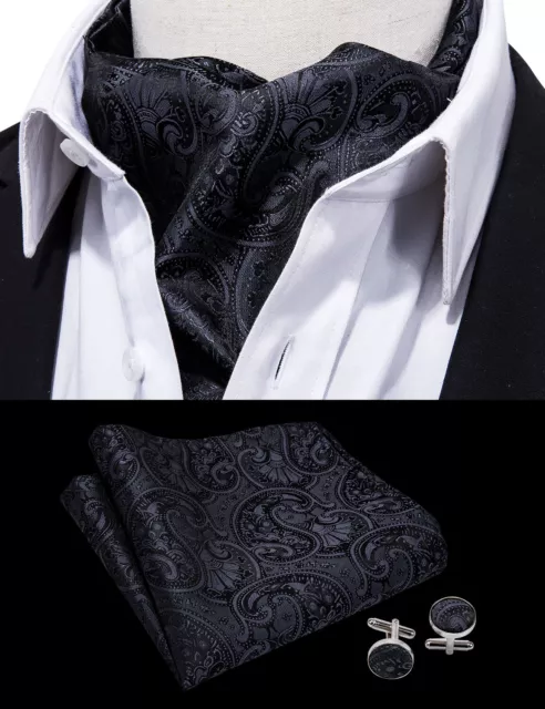 Men's Black Paisley Floral Cravat Mens Silk Ascot Handkerchief Cufflinks Tie Set