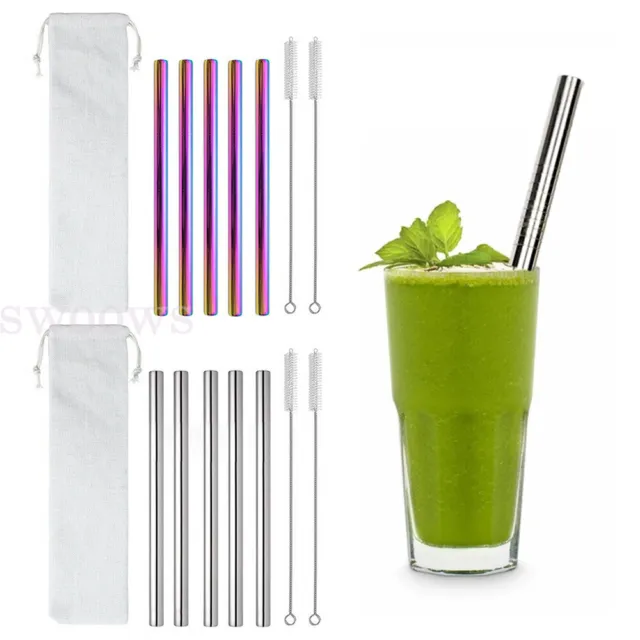 8PCS Jumbo Straw Pack Bubble Tea Extra Wide Stainless Steel Metal Long Reusable