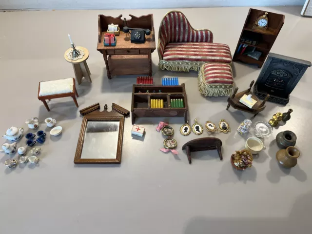 Wooden dolls house furniture bundle, miniature, Fireplace, Chaise Lounge
