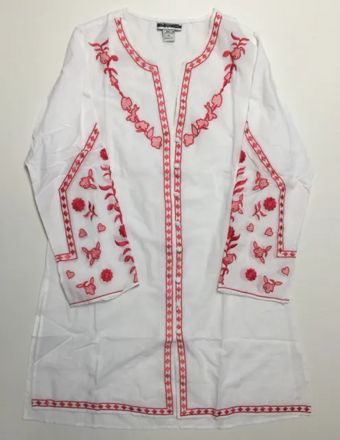 Ladies White Cotton Embroidered Split Neck Long Sleeves Tunic Top NWT S-M-L-XL