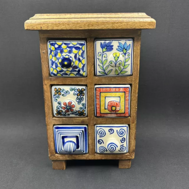 Apothecary 6 Hand Painted Ceramic Drawers Wooden Cabinet Tea Trinket Box Boho