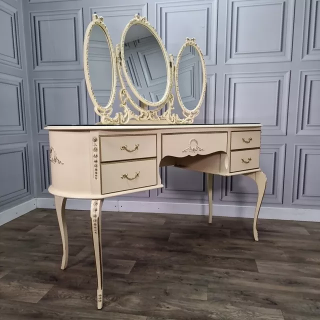 Retro Vintage Decorative French Louis Style Dressing Table - Triple Mirror Ivory