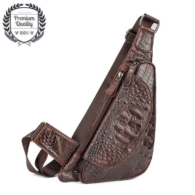GENUINE LEATHER BAG Mens Designer Crocodile Pattern Sling Crossbody Chest Pack