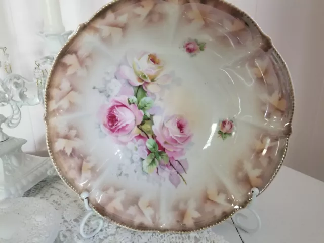 Antique Germany Lusterware Porcelain 10" Bowl Pink Rosed Chic Shabby Cottage