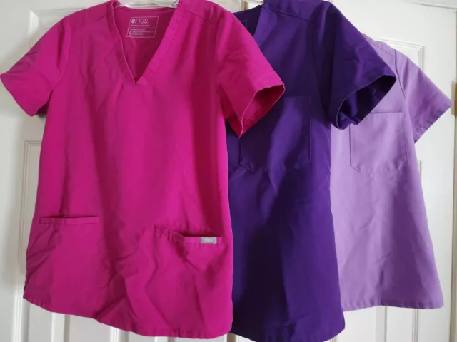 Lot of 3 FIGS Womens S Technical Collection V-Neck Scrub Tops Pink Purple Lilac