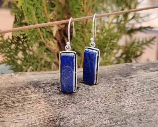 Blue Lapis Lazuli Dangle Earrings - Genuine 925 Sterling Silver Jewelry