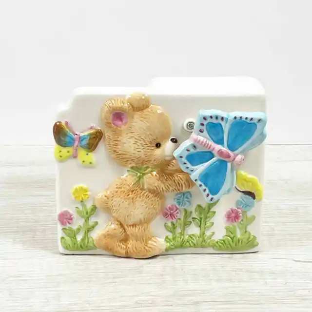 Vintage Ceramic Hand Painted Bear w Rotating Butterfly Planter Musical Figurine