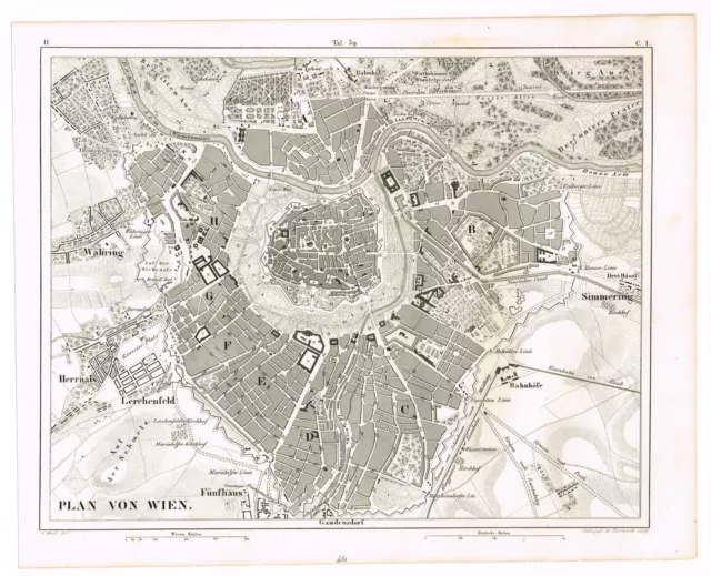 Antique Print Vintage 1851 Engraving Map Cartography Vienna Austria City View