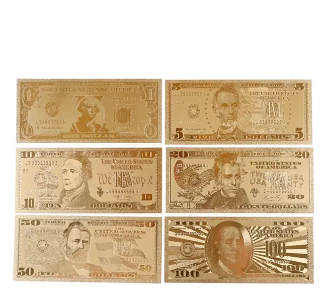 Banknote Set in Farbe Gold Geldschein Schein 24 K Karat 1bis 100 Dollar