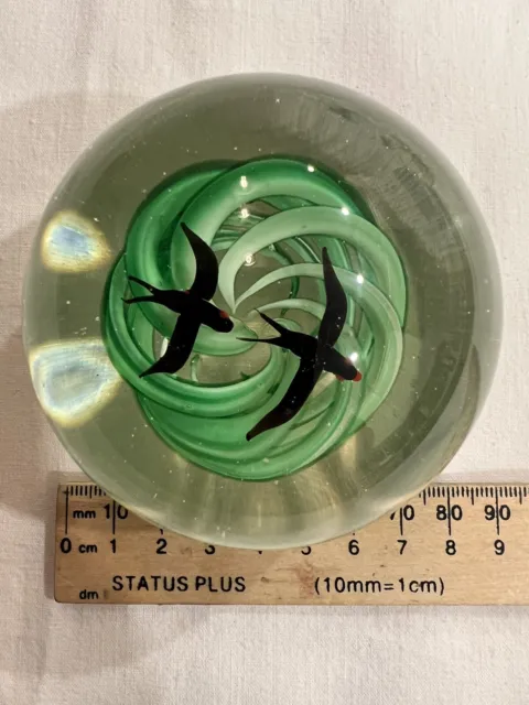 Vintage Art Glass Paperweight Green Swirl and Birds Hand Blown Bubbles