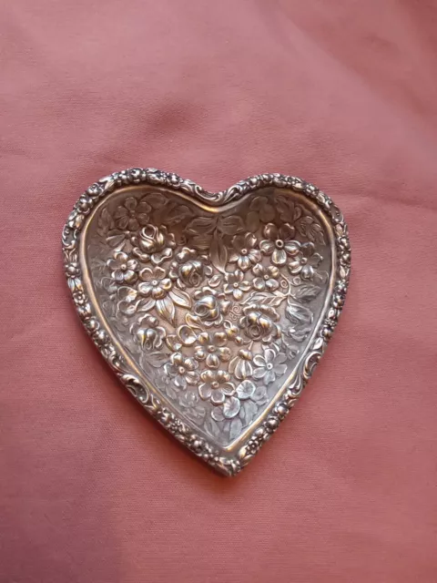 Stieff All Repousse Sterling Heart Shaped Silver Ring / Trinket Tray