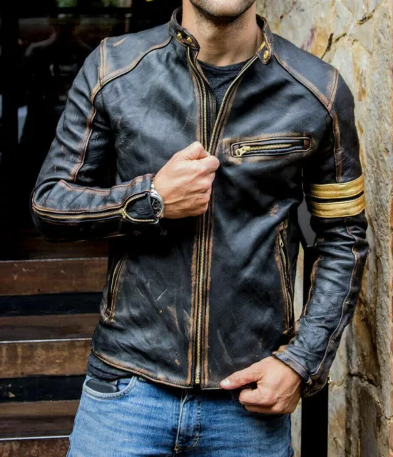 Homme Noir Motard Vintage Moto Délavé Café Racer Cuir Veste