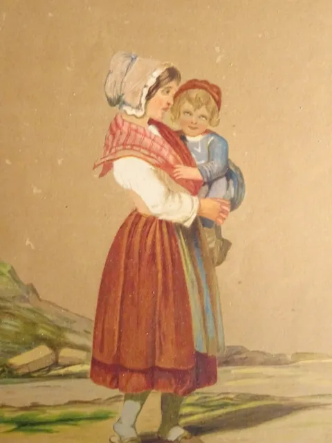 Ecole FRANCAISE XIX DESSIN AQUARELLE FEMME ENFANT PLAGE NORMANDIE BRETAGNE 1859
