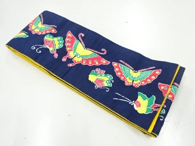 40857# Japanese Kimono / Hanhaba Obi / Katazome / Tsumugi / Butterfly