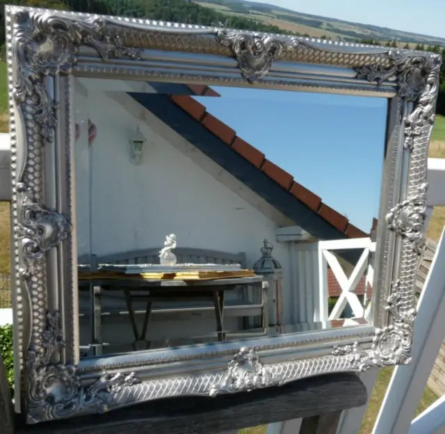 Luxus Großer Wandspiegel Prunk Barock Spiegel Silber 64x54cm Holz Retro Stil Neu