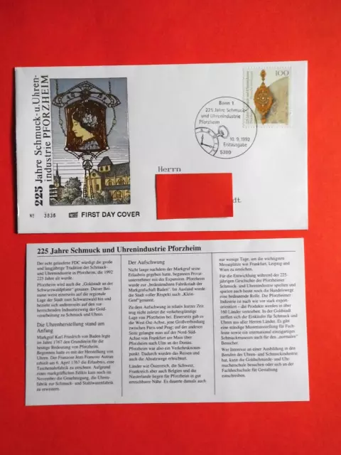 Brief Ersttagsbrief BRD 1992 Schmuck und Uhrenindustrie Mi. Nr. 1628 FDC-Stempel