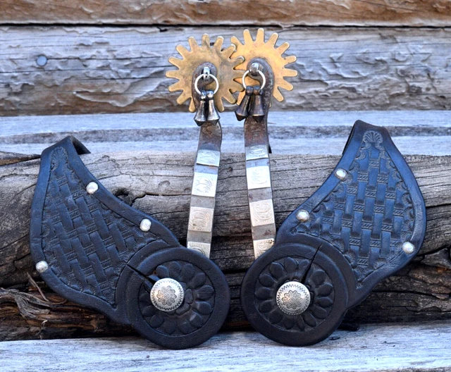 Vintage Cowboy Western Horse Riding Spurs with Silver Overlays and Straps