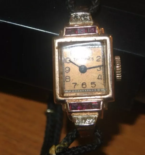 Tavannes Art Deco Ladies Watch 14KT YELLOW GOLD Diamonds & Syn RUBIES WINDUP RUN