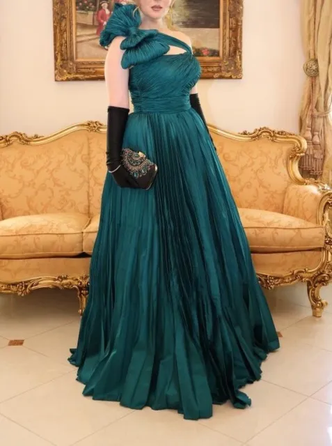 Tarik Ediz One Shouldered Draped Bow Detailed Pleated Dress/Size8/Emerald Color