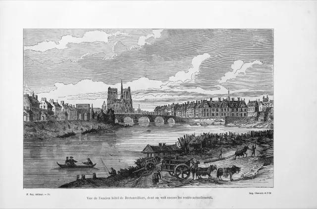 NOTRE-DAME de PARIS et l'HÔTEL de BRETONVILLIERS vus de la SEINE -Gravure du 19e 2