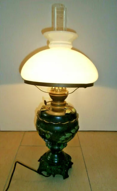 Antike Majolika Ex-Petroleumlampe Tischlampe Keramik Messing Glasschirm/kolben