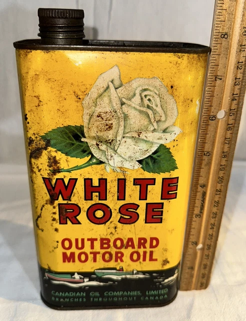 Antique White Rose Outboard Motor Oil Tin Litho Boat Marine Canada Gas Can Antique White Rose Outboard Motor Oil Tin Litho Boat Marine Canada Gas Can