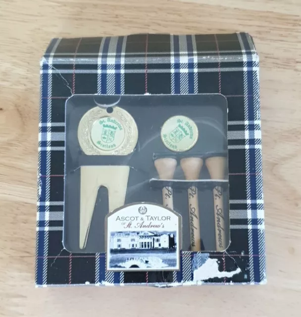 Ascot & Taylor Of ST. Andrews Divot Tool, Ball Marker And 3 Tees Set Boxed