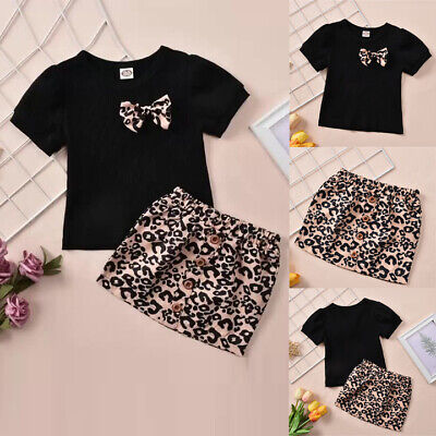Infant Toddler Baby Girls Clothes Short Sleeve Top Leopard Printed Skirt Outfits