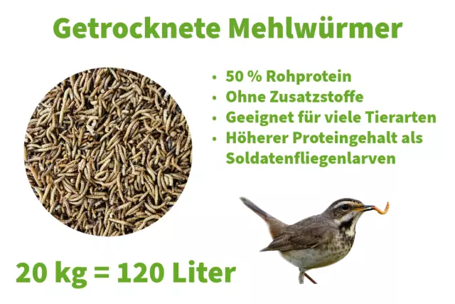 Mehlwürmer getrocknet 20kg  120L Vogelfutter Insekten für Reptilien Wildvögel