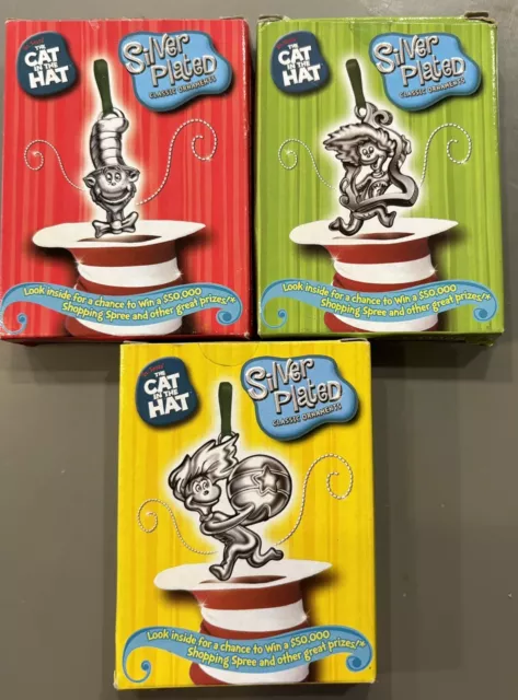 Dr Seuss Cat in Hat Silver Plated Christmas Ornaments Burger King Set Of 3