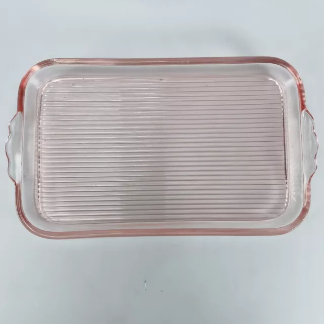 Pink Depression Glass Ribbed Vanity Serving Tray with Scalloped Handles VTG