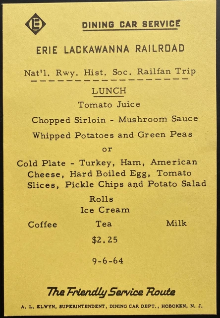 1964 ERIE LACKAWANNA RAILROAD vintage lunch menu DINING CAR SERVICE Hoboken, NJ 1964 ERIE LACKAWANNA RAILROAD vintage lunch menu DINING CAR SERVICE Hoboken, NJ