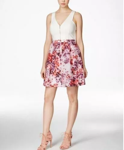 Guess Dress Organza Floral Print Sleeveless Illusion Cutout Fit and Flare Sz 8