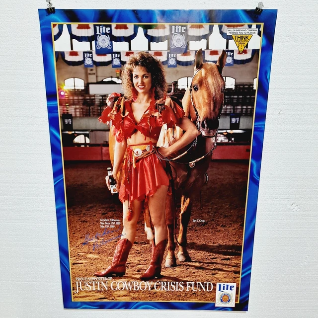 Vintage 1989 Nos Miller Lite Miss Texas Beer Poster Justin Cowboy Crisis Fund!