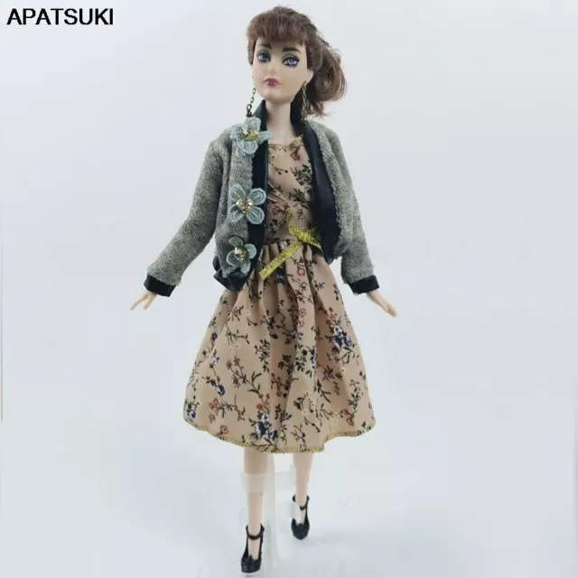 Elegant Gray Coat Countryside Floral Dress For 11.5in. Doll Outfits Clothes 1/6