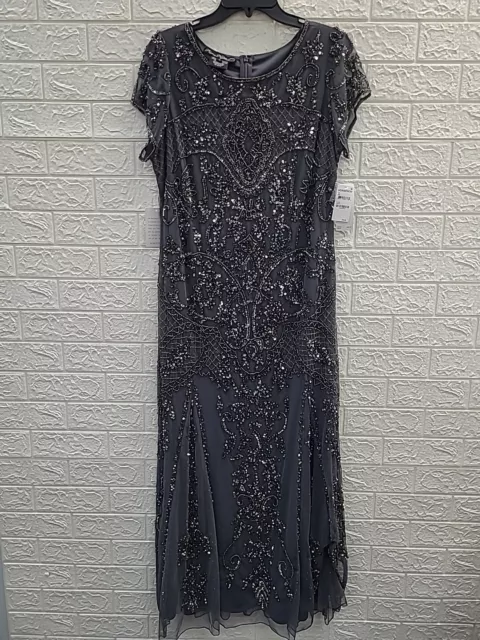 New Pisarro Nights Beaded Mesh Maxi Cocktail Dress Smoke Gray Size 12