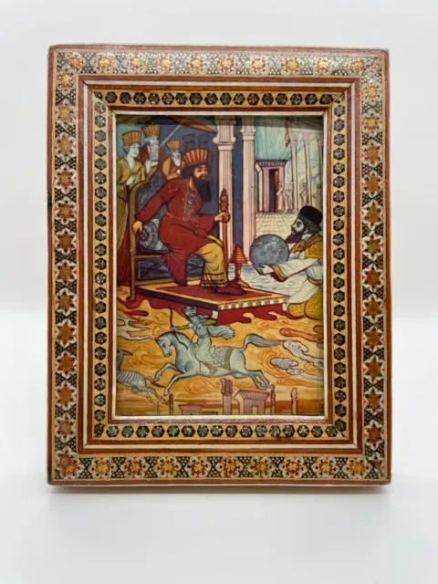 Vintage Persian Painting, Intricate Khatam-Kari Frame