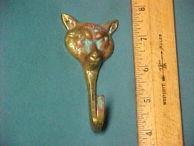 Vintage 4" Solid Brass Wolf / Fox Head Wall Hanger , Coat / Hat Hook