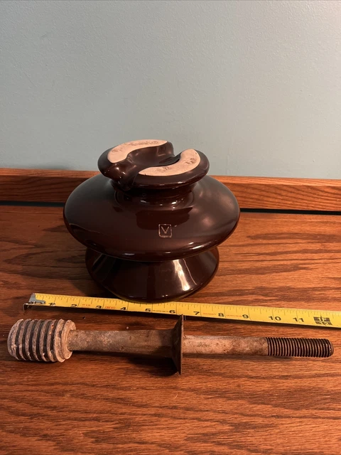Vintage Brown Glazed Porcelain Ceramic Insulator and Shaft, Electrical Telephone