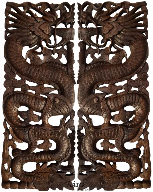 Lucky Chinese Dragon Carved Wood Panels. Asian Home Decor.Set of 2.Dark Brown