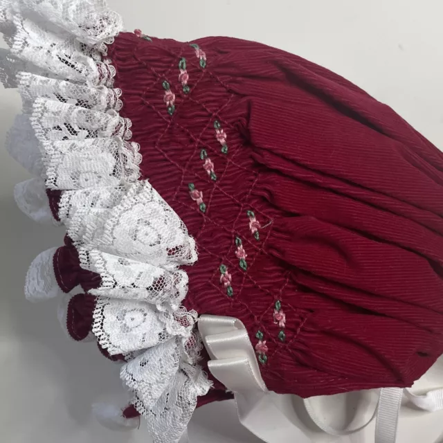 Hand Made Vintage Bonnet 4-12 Months Burgundy Smocked Corduroy Lace Baby Girl