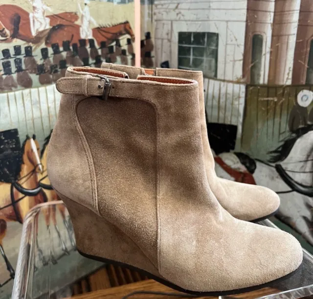 Lanvin Womens Suede Zip High Heeled Wedges Ankle Boots Tan. Size 8. (38)