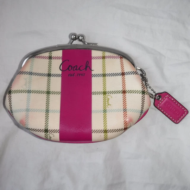 Vtg COACH Plaid Tattersall Kisslock Coin Purse w/ Fob Rare