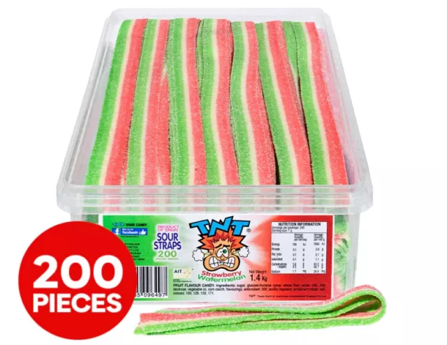TNT Sour Straps 1.6kg Strawberry/Watermelon Box 200 Straps Candy Buffet Lolly